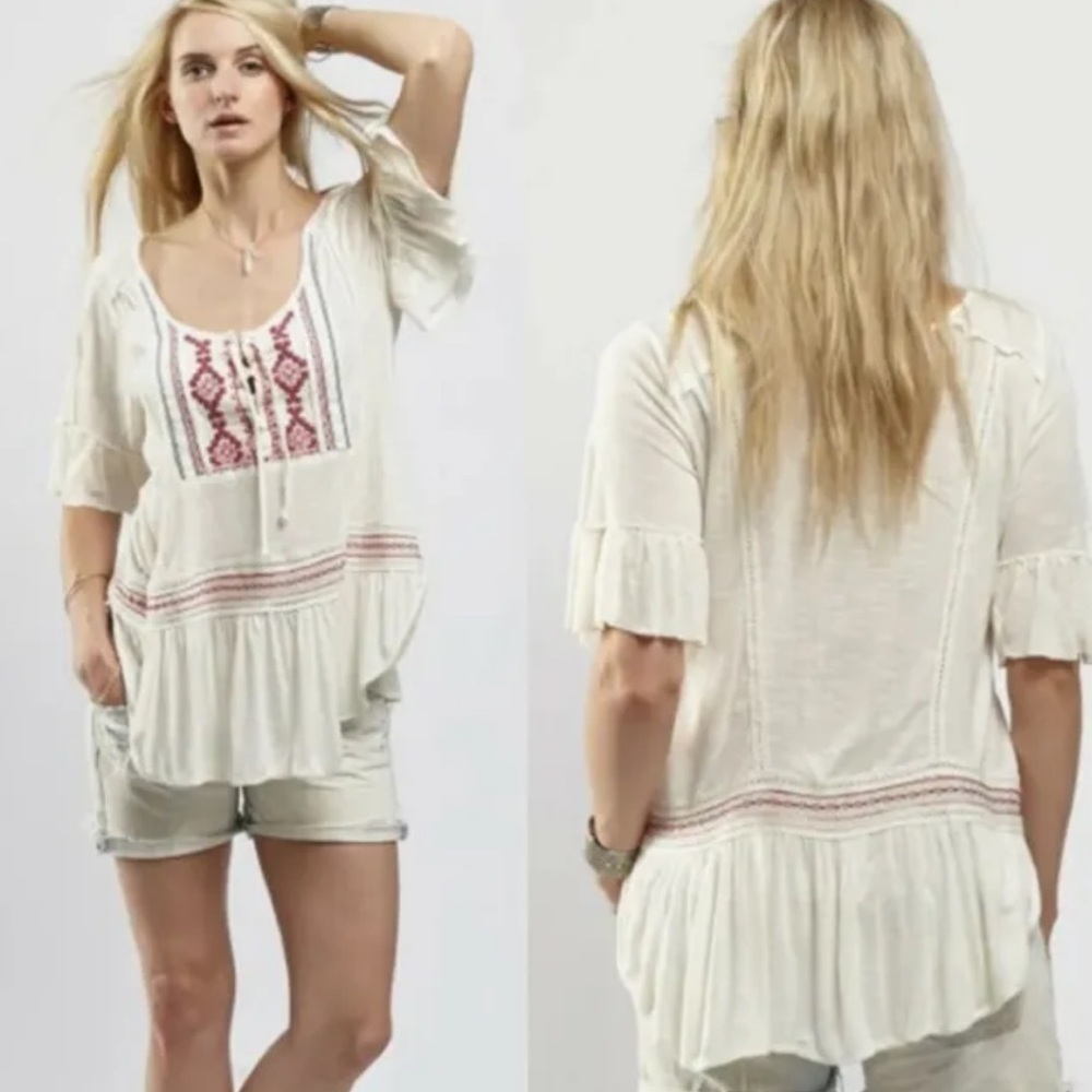 Free People Cream El Mirage Embroidered Peasant Short Sleeve Top XS